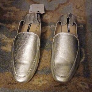Women's Silver Leather Mule Loafers/ Slip-on Shoes